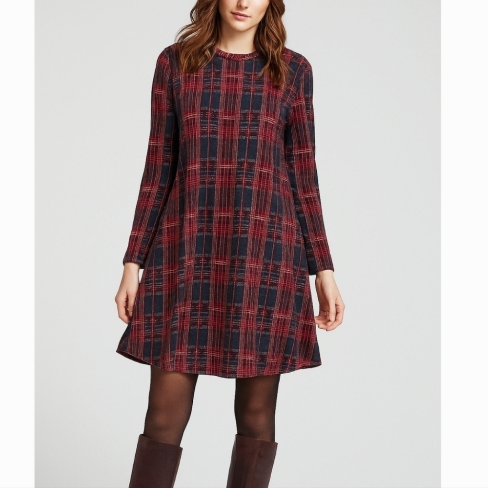 BCBGMAXAZRIA Jeanna Maroon Navy Lightweight Plaid Long Sleeve A-Line Dress, L